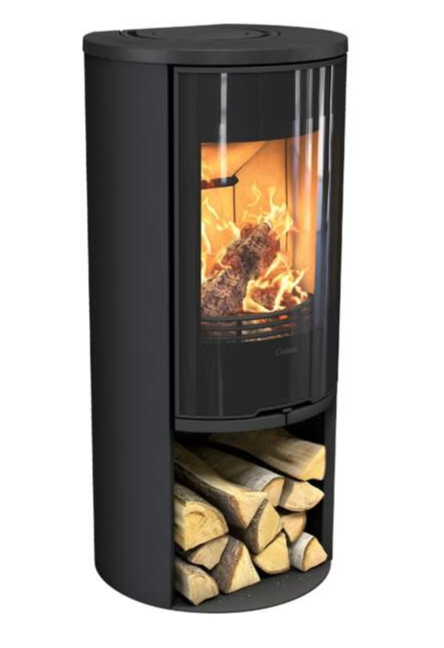 Contura 510 Style curved woodburning stove with an integrated log compartment