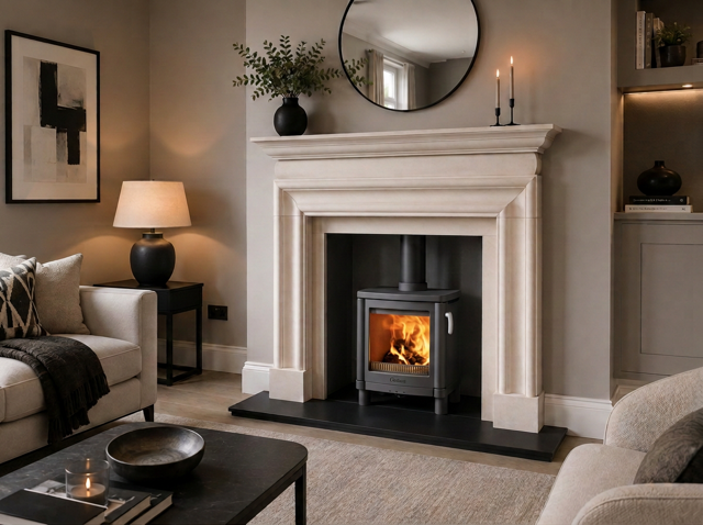 Contura 51L woodburning stove installed in a limestone fireplace
