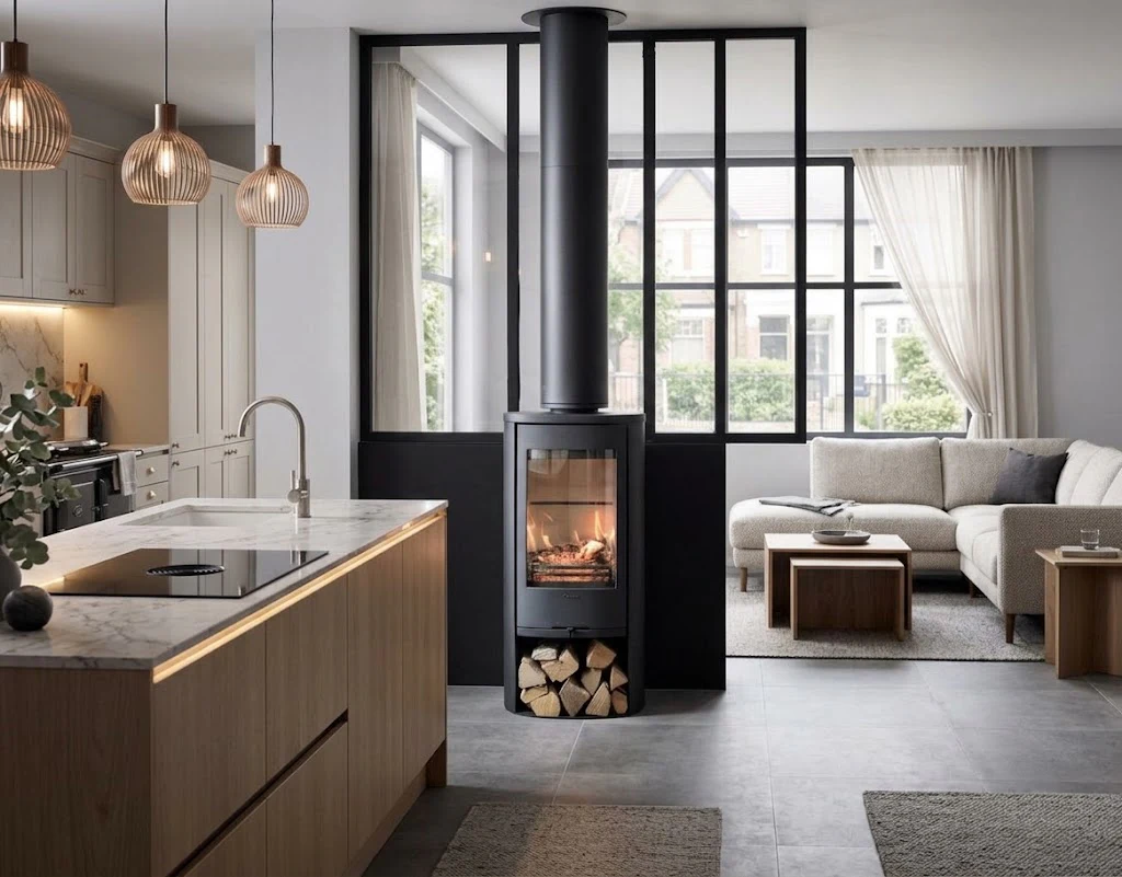 Contura 810 Style woodburning stove in an open-plan living room