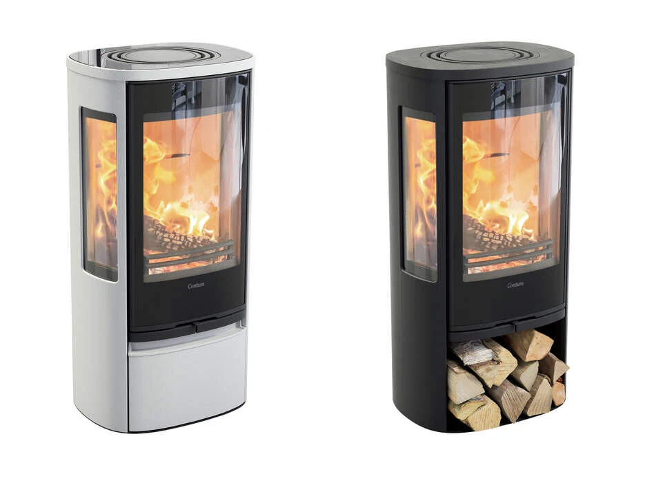 White and black Contura 856G Style stoves with cupboard and log-store base options