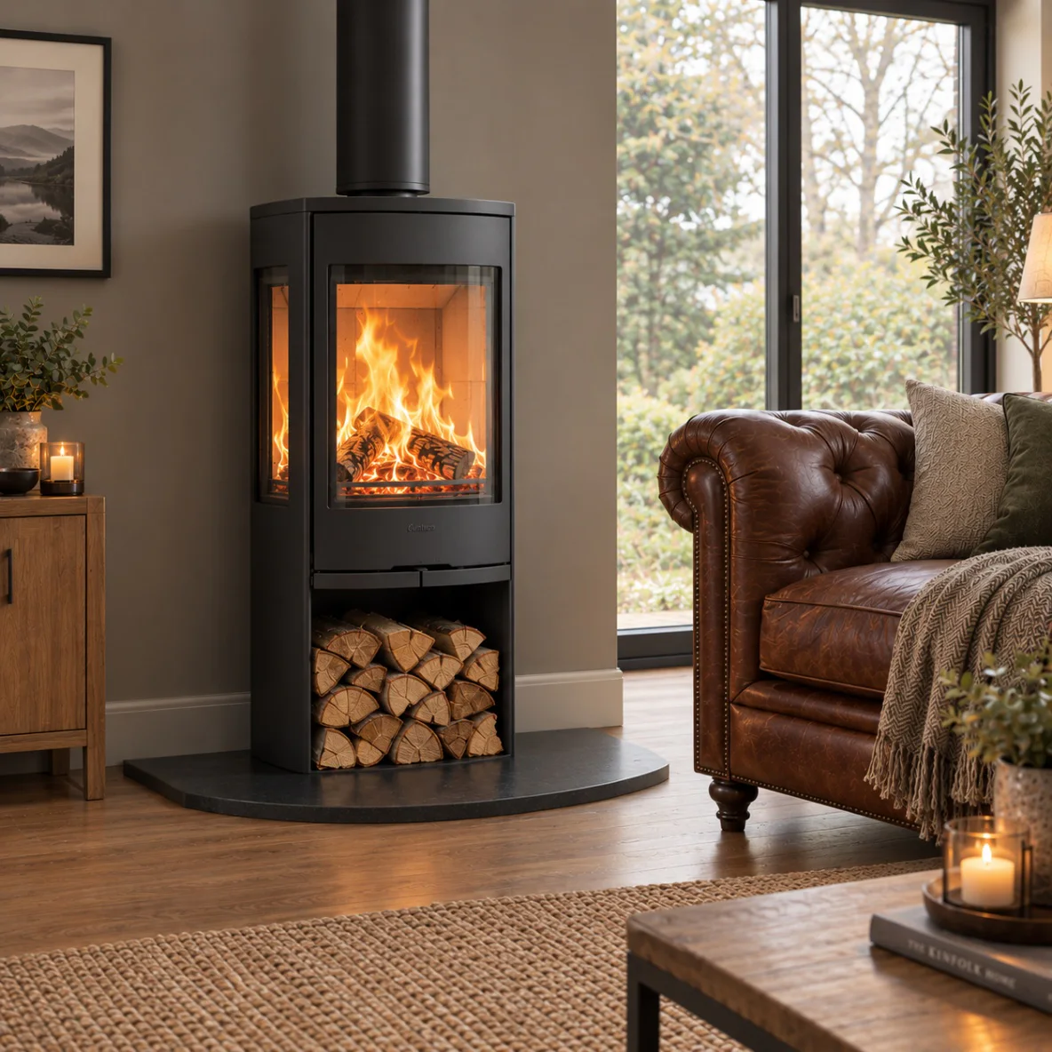 Contura 956 Style wood burning stove in a contemporary living room