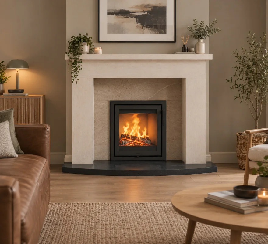 Contura i2 cassette installed within a natural stone fireplace