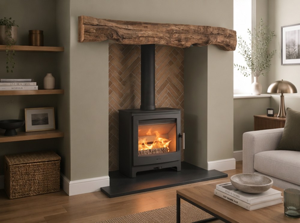 Ambition 8 stove against herringbone brickwork below a natural timber beam