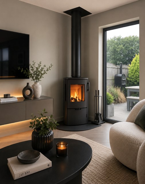 Icon-Line Eclipse stove in a bright room beside a picture window