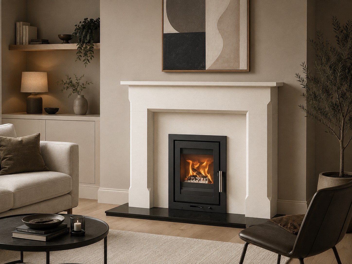Inspire 40 Insert within a pale limestone fireplace above a dark stone hearth