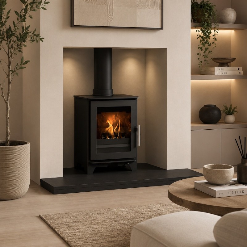 Inspire 40 stove within a smooth chamber and dark stone hearth
