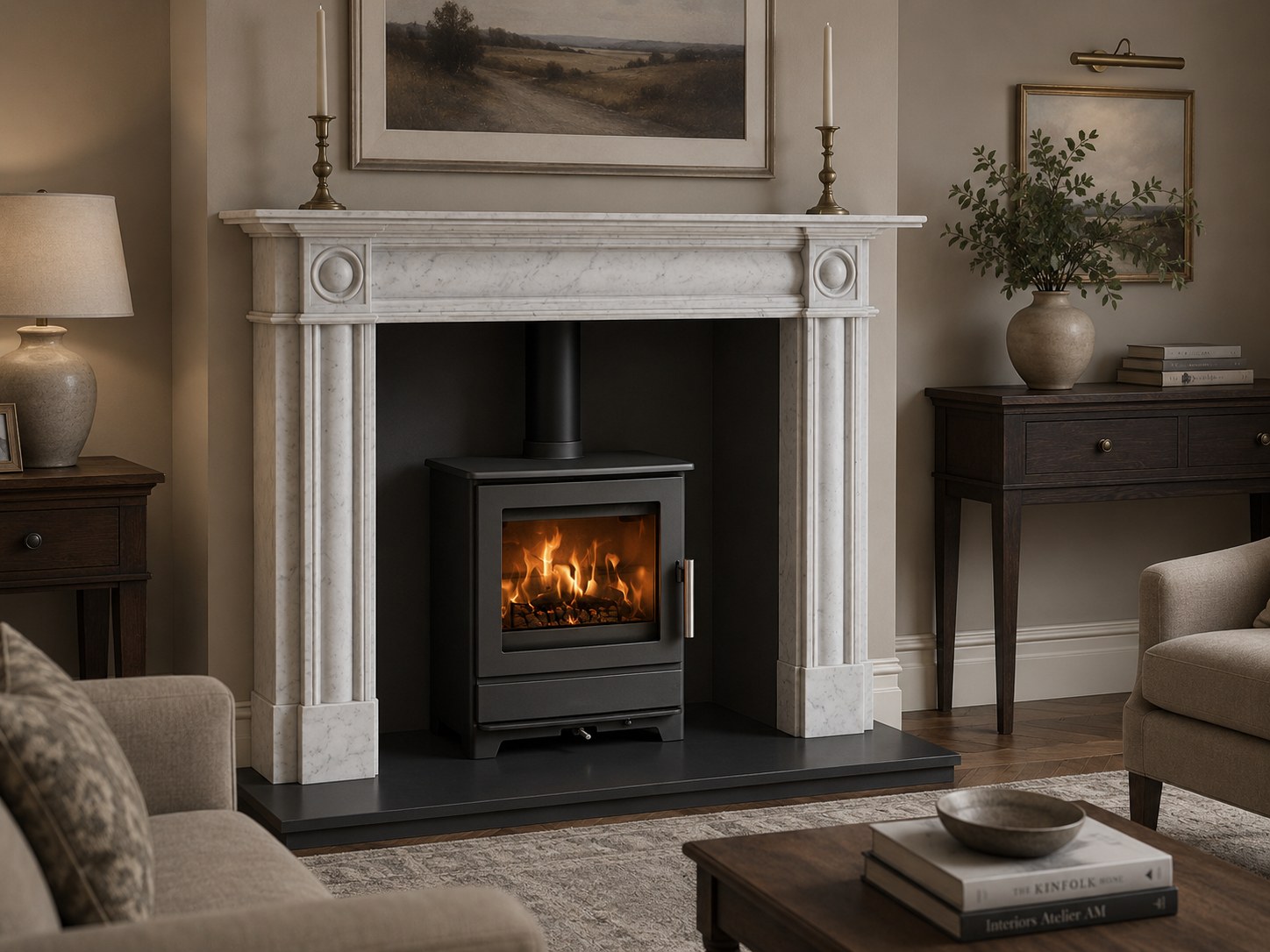 Inspire 45 stove framed by a pale marble fireplace with a circular detail