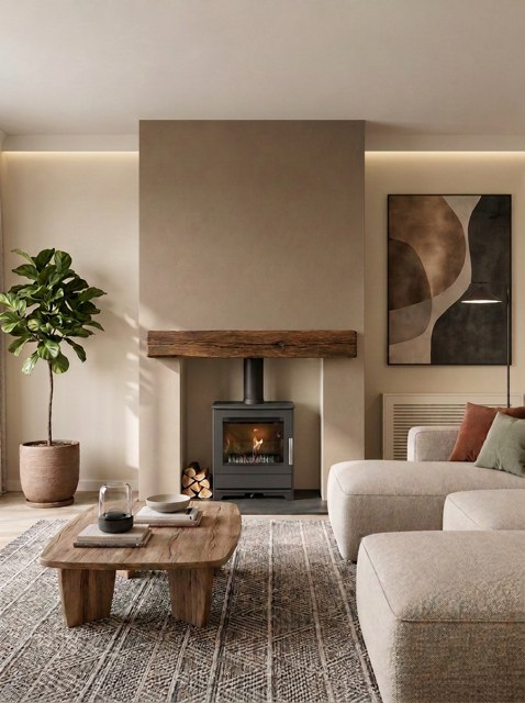 Inspire 45 stove in a plain chamber below a natural timber beam