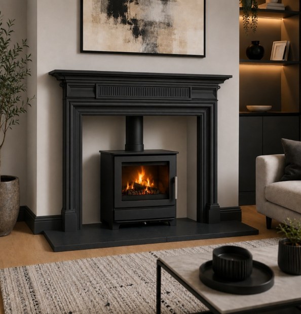 Inspire 45 stove beneath an ornate black cast-iron mantel