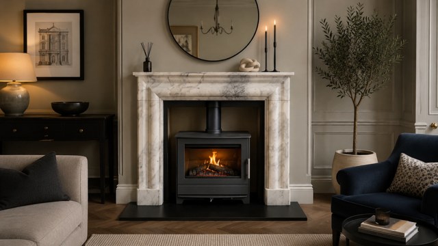 Inspire 55 stove shown with a pale marble surround