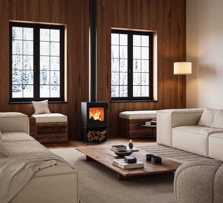 Panelled interior with a Heta Kube 10 stove raised above its integrated log storage