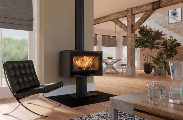 Scan-Line 100 pedestal stove beneath exposed roof timbers