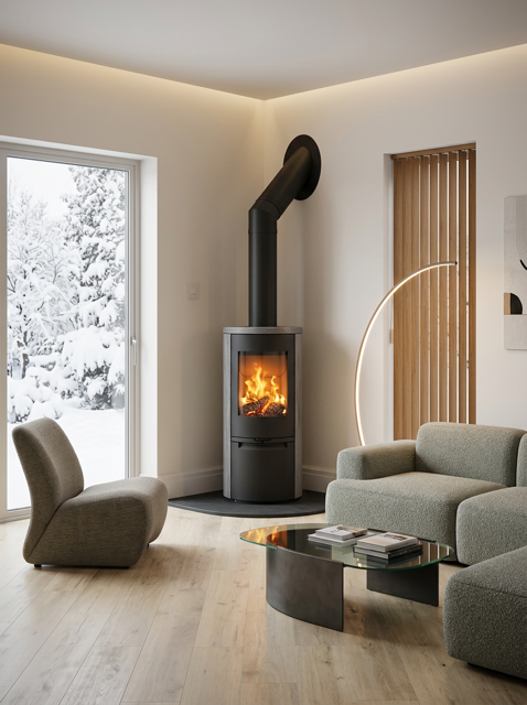 Heta Scan-Line 900 stove in a contemporary room overlooking a snow-covered garden