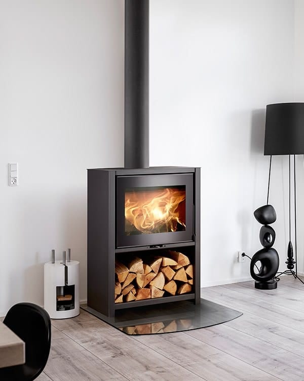 Scan-Line 95H stove with open log storage beneath the firebox