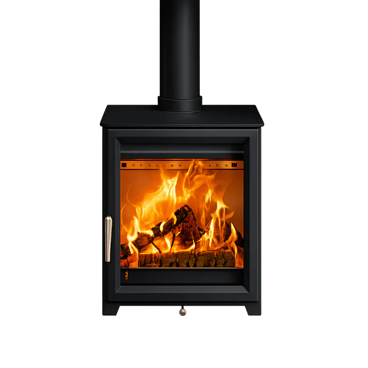 Hunter Isca 5 woodburning stove lit against a black background