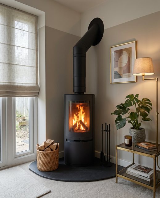 The Poppy freestanding woodburning stove installed with a dark hearth and black twin-wall flue system
