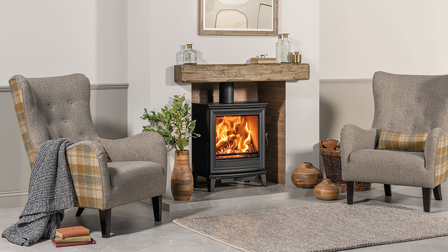 Stovax Chesterfield 5 Wide wood burning stove in a furnished room setting