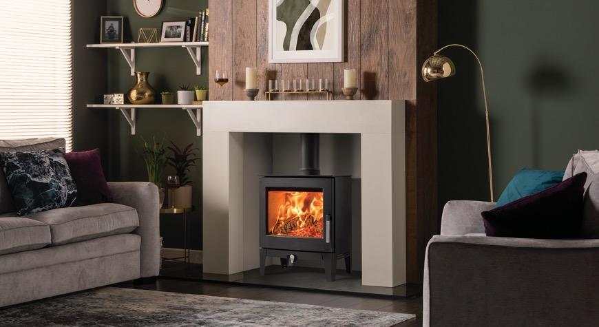 Stovax Futura 5 wood burning stove in a modern fireplace setting