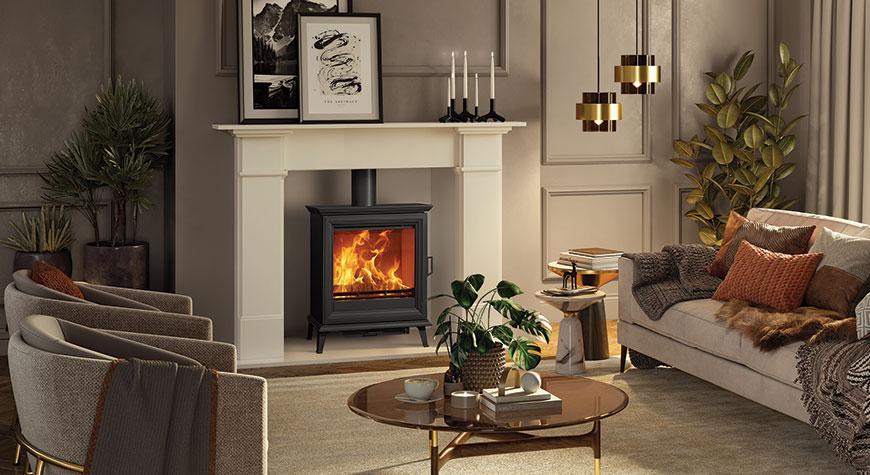 Stovax Sheraton 5 Wide wood burning stove in a furnished room setting